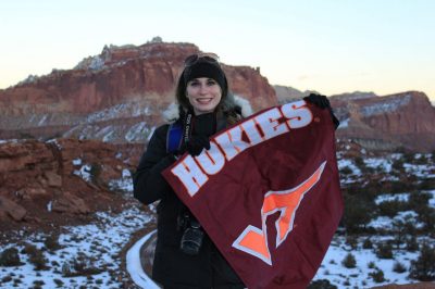 As a Hokie Rock takes school spirit seriously and she brought the Hokie flag with her on a school sponsored hiking trip this past winter