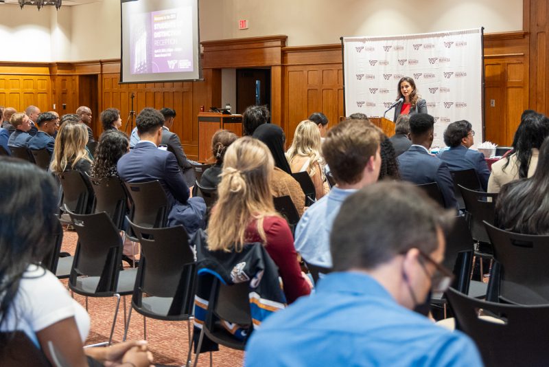 Pamplin College of Business Dean Saonee Sarker speaks to the attendees of the 2024 Students of Distinction ceremony. 